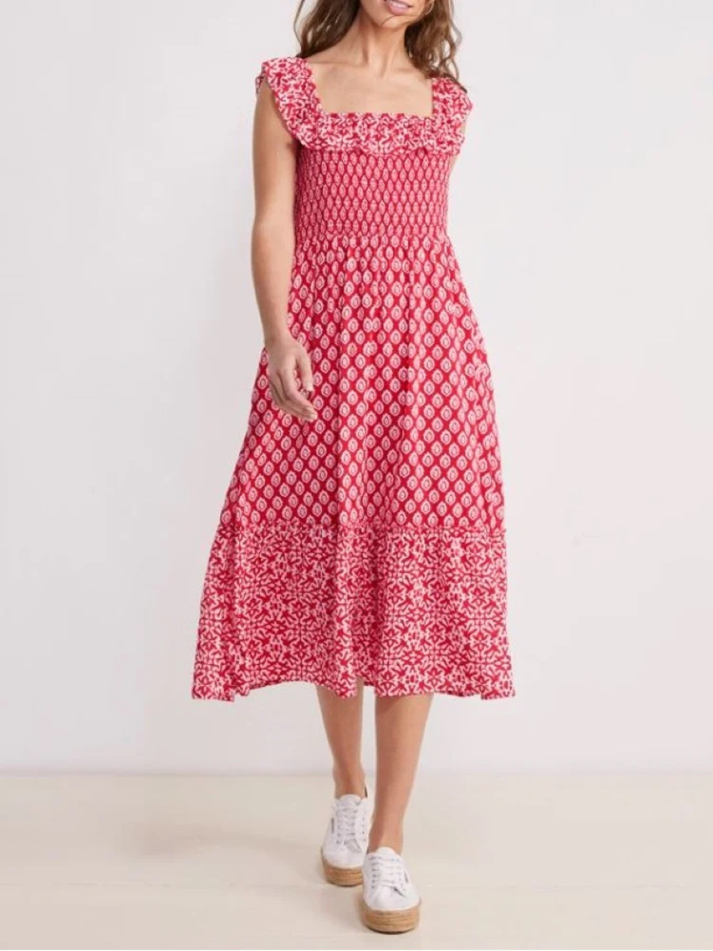 Vineyard Vines Patterned Red Midi Dress with Ruffle Square Neck